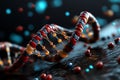 Close-up of a colorful DNA molecule structure on a dark background, representing genetic research and biotechnology advancements