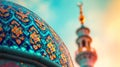 A close up of a colorful dome with an ornate tower in the background, AI