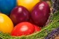 Close up of colorful easter eggs in basket on wooden table.