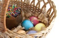 Close-up colorful easter eggs and easter cake in basket isolated on white background Royalty Free Stock Photo