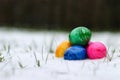 Close up of colorful easter eggs in snow, bury background Royalty Free Stock Photo
