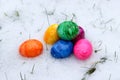 Close up of colorful easter eggs in snow, bury background Royalty Free Stock Photo