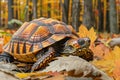 Close Up of a Colorful Eastern Box Turtle in Autumn Forest with Vibrant Fall Leaves on the Ground Royalty Free Stock Photo