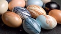 Close-up of colorful eggs featuring intricate feather designs. Realistic style on dark background. Concept of artistic