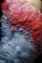 A close up of a colorful feathery object with red, blue and white, AI