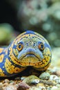 Stunning Close-Up of a Vibrant Yellow and Blue Spotted Eel on Pebbles Royalty Free Stock Photo