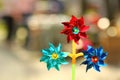 Close up of colorful foil rotating pinwheel toy