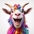 A close-up of a colorful funny hilarious 3D cartoon goat character caught in a cheerful moment of laughter Royalty Free Stock Photo