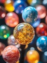 Close-up of colorful glass marbles with blurred background. Royalty Free Stock Photo