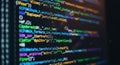 Close up of colorful glowing computer code displayed on a dark digital screen Royalty Free Stock Photo