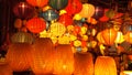 CLOSE UP: Colorful handmade paper lanterns glowing brightly on a festive night.