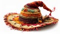 Close up of Colorful Handmade Straw Hat with Tassels on White Backdrop Studio Shot Royalty Free Stock Photo