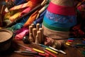 close-up of colorful hat-making materials and tools