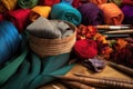 close-up of colorful hat-making materials and tools