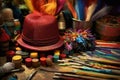 close-up of colorful hat-making materials and tools