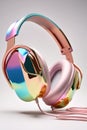 Close up of colorful headphones with wires on grey background created using generative ai technology