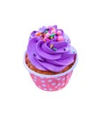 Colorful holiday cupcakes with purple whipped cream and multicolored topping on pink vivid paper cup isolated on white background