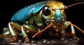 A close up of a colorful insect on a black surface. Generative AI image. Royalty Free Stock Photo