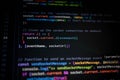 Close-up of colorful JavaScript source code on computer screen, showing socket communication function for modern web development, Royalty Free Stock Photo