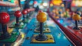 Close-up of colorful joysticks on an arcade game machine. The focus is on the yellow joystick in the center. A row of other