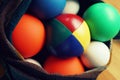 Close up of colorful juggling balls in a bag
