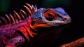 A close up of a colorful lizard with bright red eyes, AI