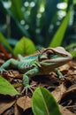 Vibrant Green Lizard on Forest Floor, Close-Up Royalty Free Stock Photo