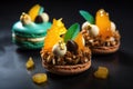 Close up of colorful macaroon cakes on black background with copy space