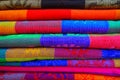 Close up of colorful Mexican blankets for sale at market, Latin America, fabric background Royalty Free Stock Photo