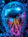 A close up of a colorful microscopic photo glowing blue veins human in brain. AI generated