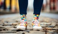 Close-up of colorful mismatched socks with various patterns on person wearing blue trousers and white sneakers portraying quirky
