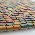 A close-up of a colorful mosaic composed of small, rectangular tiles. The tiles are
