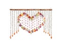 Colorful multicolored shells curtain in line patterns and heart shaped frame hanging on wood isolated on white background with