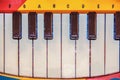 Close-up of colorful musical keyboard with keys marked