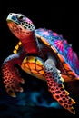 Close-up of a colorful neon turtle on a vibrant and striking backdrop, beautiful vertical image