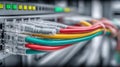 Close-up of colorful network cables plugged into a server rack with blinking lights Royalty Free Stock Photo