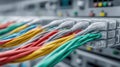 Close-up of colorful network cables plugged into a server rack for data transfer Royalty Free Stock Photo