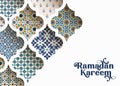 Close-up of colorful ornamental arabic tiles, patterns through white mosque window. Greeting card, invitation for Muslim Royalty Free Stock Photo