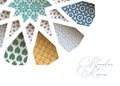 Close-up of colorful ornamental Morroccan tiles through white arab star shape pattern. Greeting card, invitation for