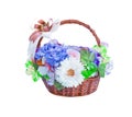 Colorful ornamental variety of flowers in the gift wood basket with hydrangea ,rose, chrysanthemum and bow ribbon natural patterns