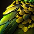 Close up of colorful parrot feathers. Beautiful green and yellow background Royalty Free Stock Photo