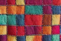 Close-up of a colorful patchwork quilt highlighting intricate stitching and diverse fabric patterns. AI generated.