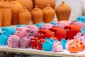 Close up of colorful Piggy Banks And Other Potteries Royalty Free Stock Photo