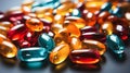 Close up of colorful pills on reflective surface. Focus on foreground. Royalty Free Stock Photo