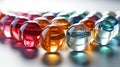 Close up of colorful pills on reflective surface. Focus on foreground. Royalty Free Stock Photo