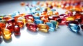 Close up of colorful pills on reflective surface. Focus on foreground. Royalty Free Stock Photo