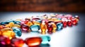 Close up of colorful pills on reflective surface. Focus on foreground. Royalty Free Stock Photo