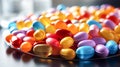 Close up of colorful pills on reflective surface. Focus on foreground Royalty Free Stock Photo