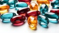 Close up of colorful pills on reflective surface. Focus on foreground. Royalty Free Stock Photo