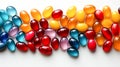 Close up of colorful pills on reflective surface. Focus on foreground Royalty Free Stock Photo